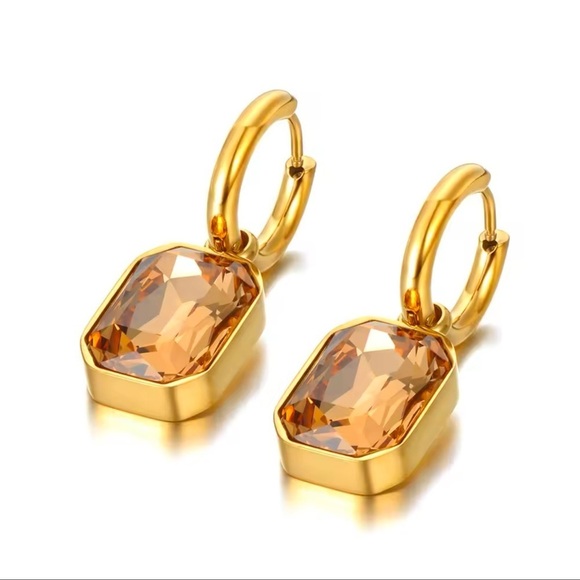 Anthropologie Elegant Gold Hoop Earrings with Amber Gemstone - Picture 2 of 7